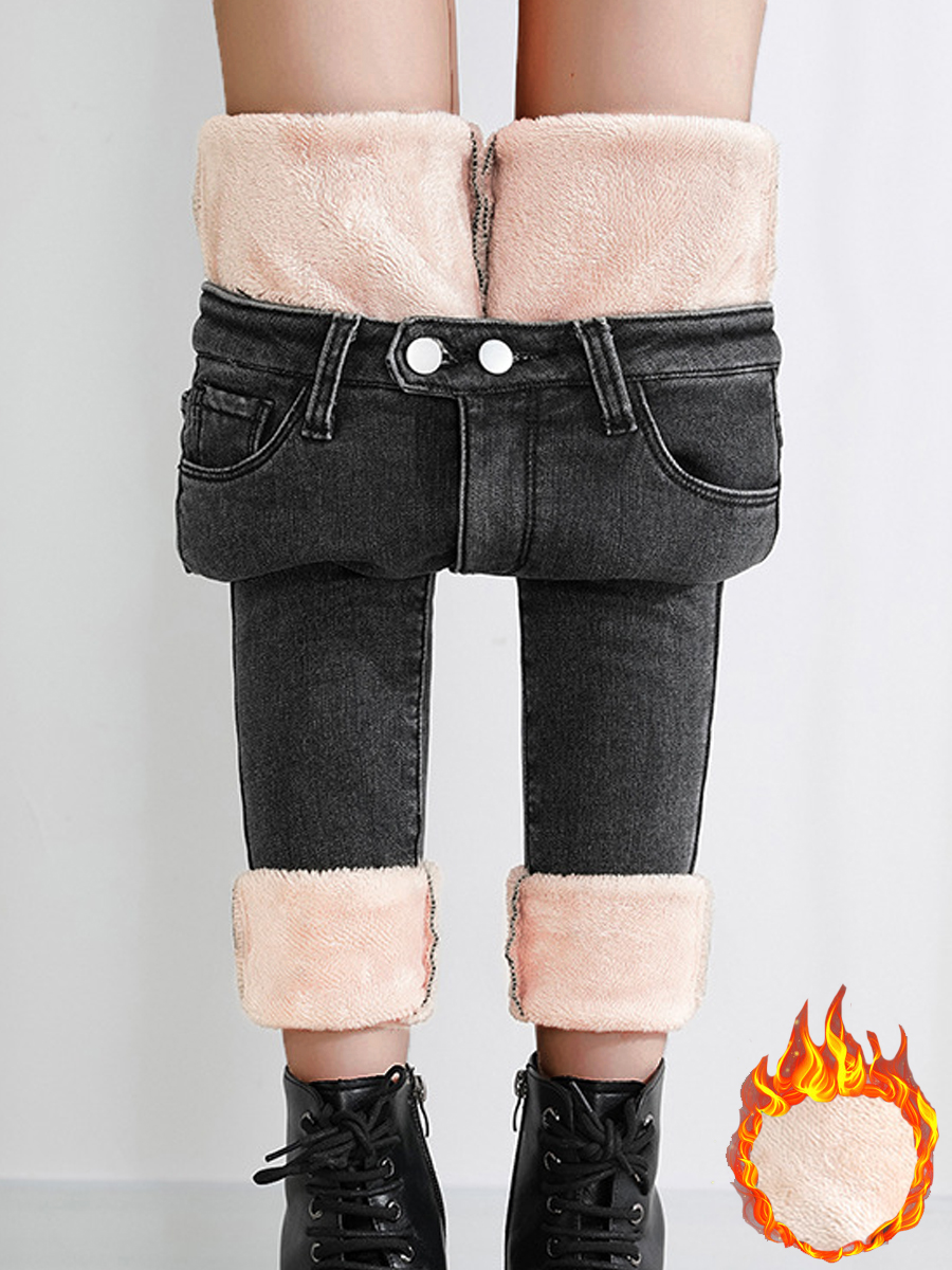 Casual Solid Color Plush Thermal Jeans