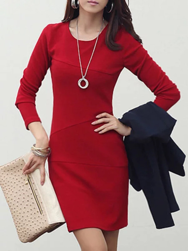 crew neck bowknot plain bodycon dress