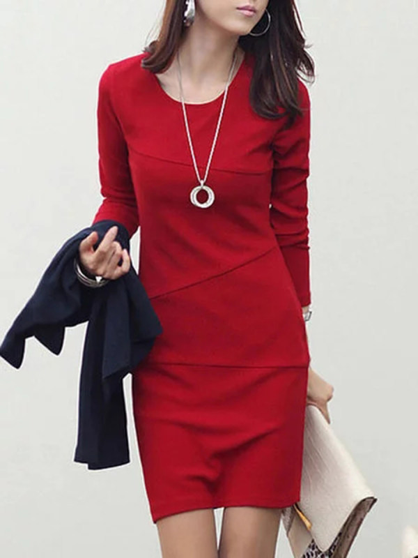 crew neck bowknot plain bodycon dress