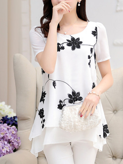 Floral Embroidery Asymmetric Hem Round Neck Blouse