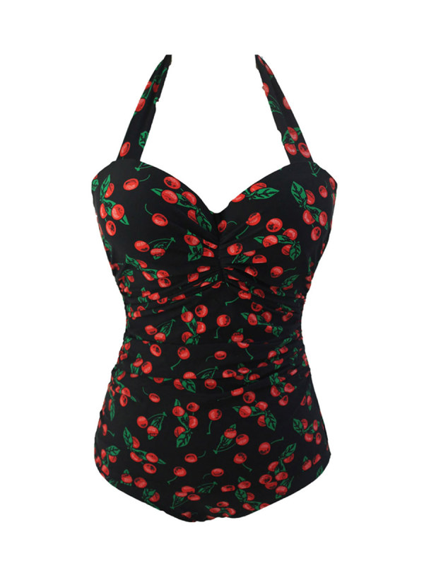 Lovely Fruit Printed Backless Halter Plus Size One Piece - Selaros.com
