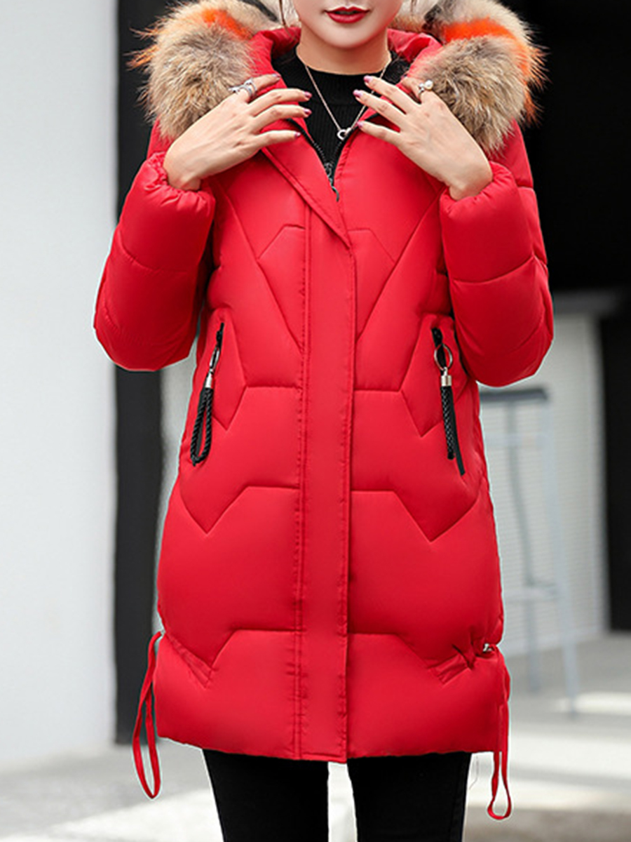 Hooded  Fur Collar  Plain Coat