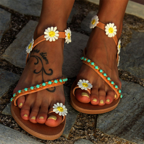 Floral Flat Peep Toe Date Outdoor Flat Sandals