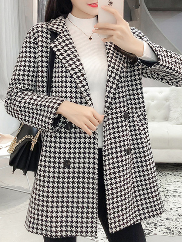 Fold-Over Collar Plaid Coat