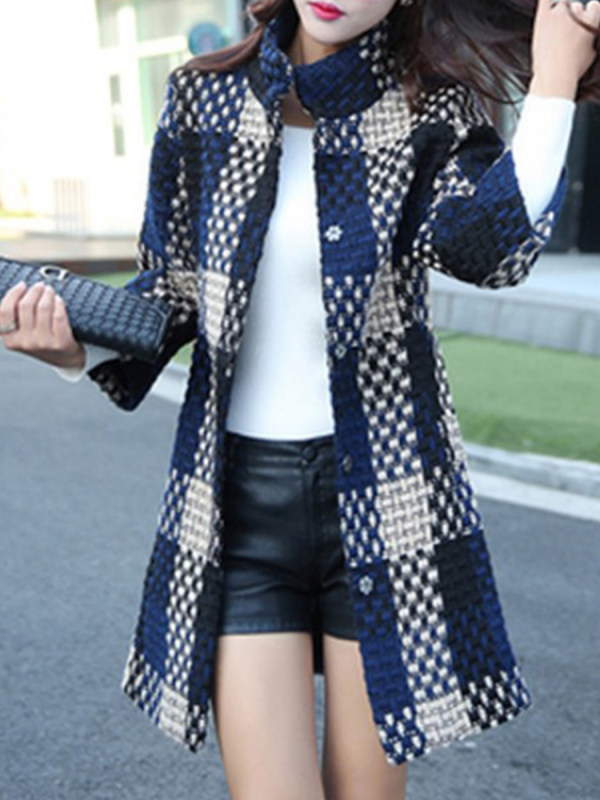 Band Collar  Plaid Coat - Prestarrs.com 