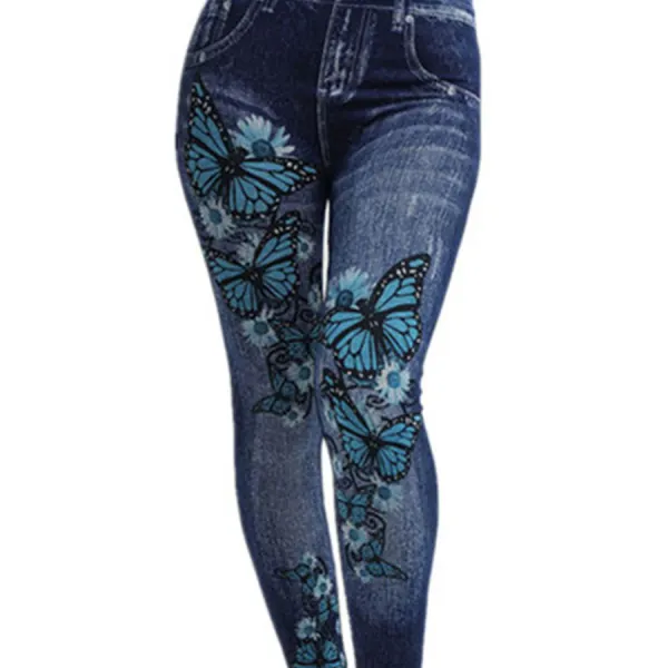 Summer thin butterfly pattern seamless imitation denim super stretch leggings - Styletaken.chimpone.com 