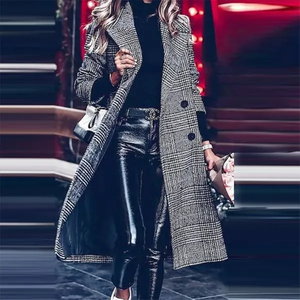 Loose Mid-Length Plaid Woolen Coat - Leanarea.chimpone.com 