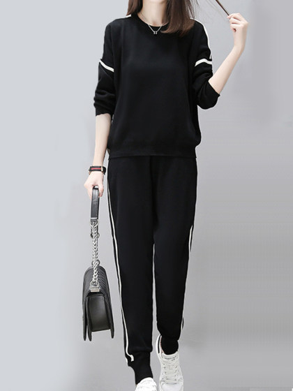 Casual  Contrast Piping  Plain Sweatshirt Suit