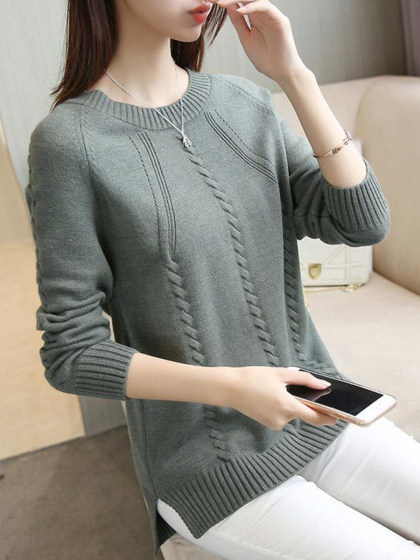 Round  Neck  Patchwork  Elegant  Plain  Long Sleeve  Knit Pullover