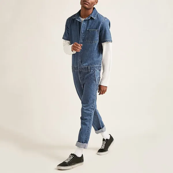 Mens Casual Street Denim Stitching Short Sleeve Jumpsuit - Annafile.chimpone.com 