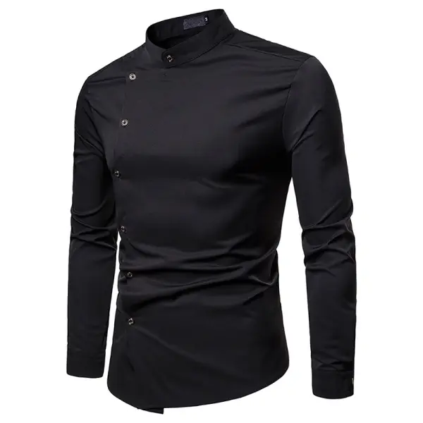 Solid color oblique placket mens lapel long sleeve shirt - Annafile.chimpone.com 
