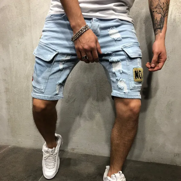 Men's casual denim shorts with embroidered badges - Sanhive.com 
