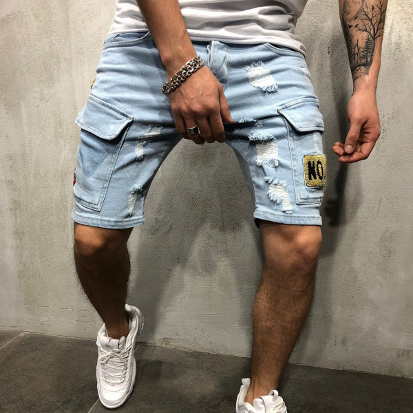 Men's casual denim shorts with embroidered badges