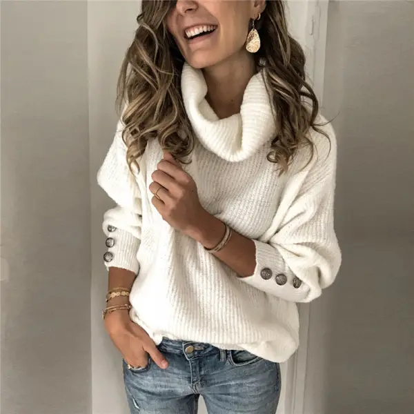 Women's high collar loose casual solid color sweater - Leanarea.chimpone.com 