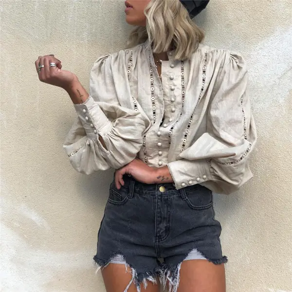 Women's Lantern Sleeve Single-Breasted T-Shirt - Leanarea.chimpone.com 