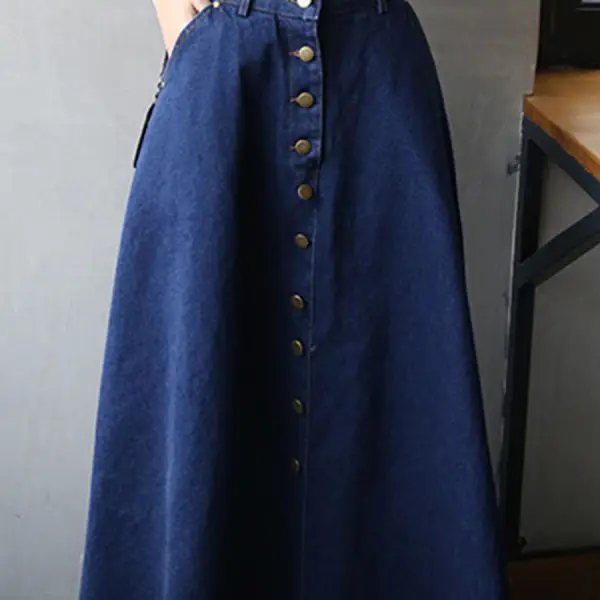 Classical Decorative Button  Plain  Flared Maxi Skirt - Leanarea.chimpone.com 