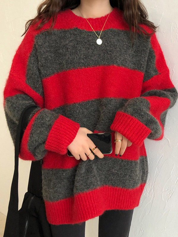 Round Neck Striped Long Sleeve Knit Pullover - Inkshe.com 