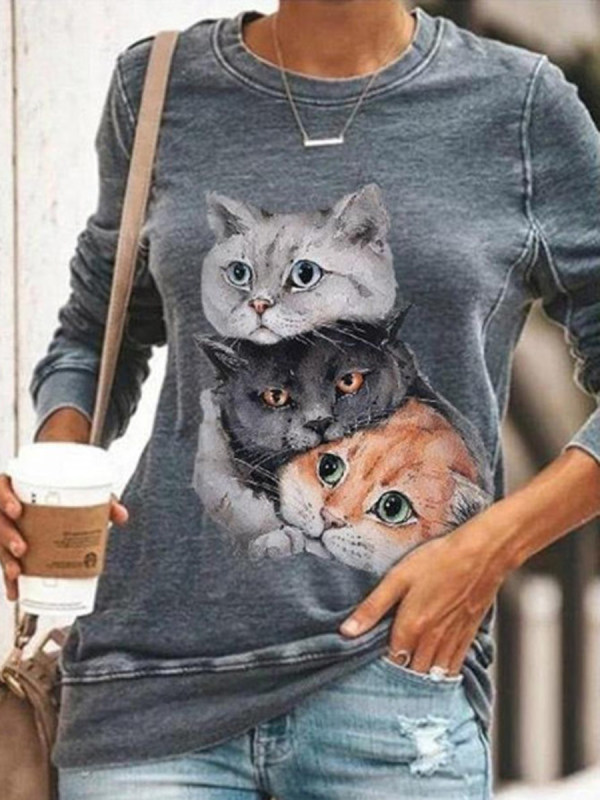 

Cat Printed Round Neck Sweatshirt