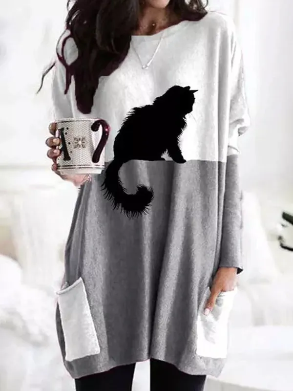Cat Printed Round Neck Long Sleeve T-shirt - Luvyle.chimpone.com 