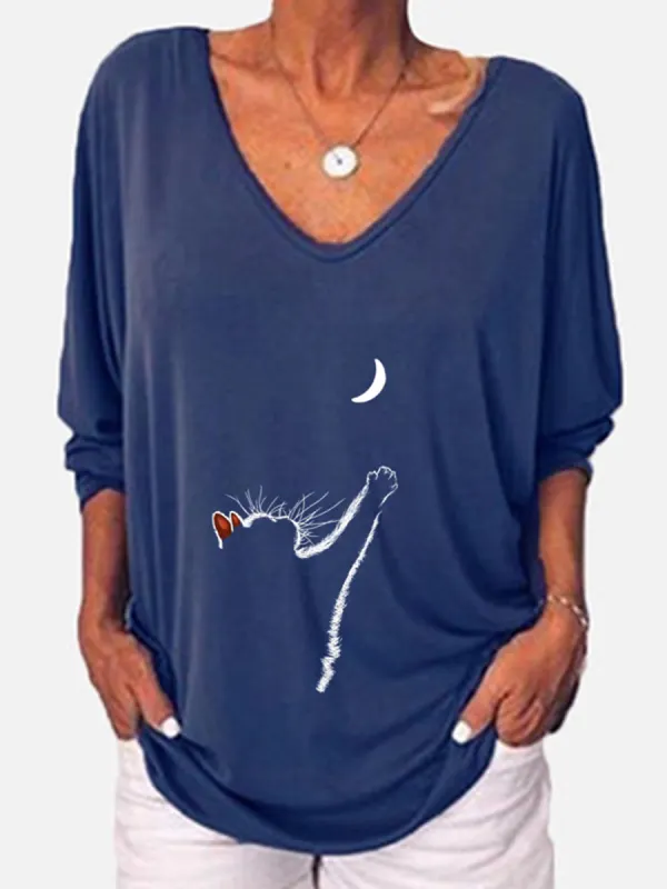 Women Cat Print Three-quarter Sleeve Casual T-shirt - Luvyle.chimpone.com 
