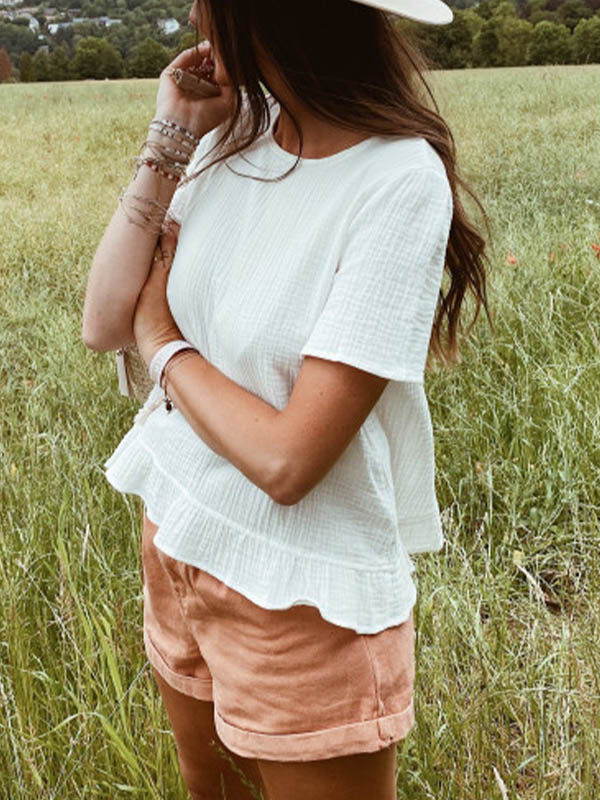 Download Round Neck Back Button Cotton Solid Shirt Blouse ...