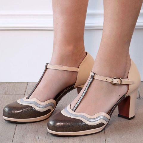 Color Block Chunky High Heeled Ankle Strap Round Toe Date Travel Pumps