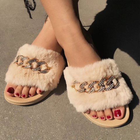 Chain flash diamond hairy slippers