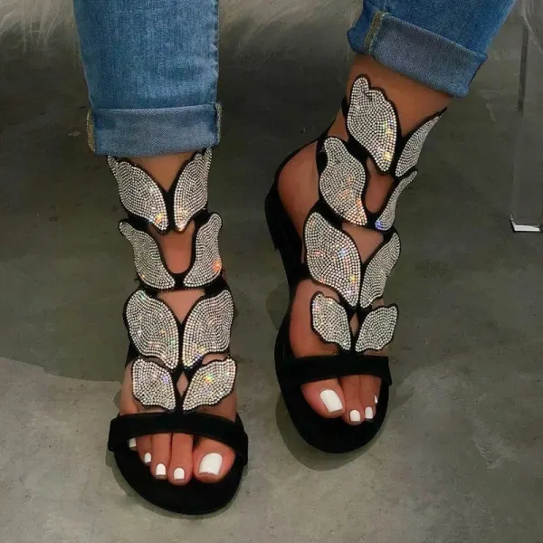 Flat Butterfly Rhinestone Sandals - Leanarea.chimpone.com 