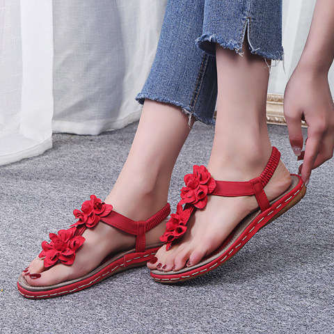 Womens open toe flat sandals with flowers