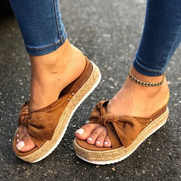 Women's hemp rope thick bottom bow sandals - Leanarea.chimpone.com 