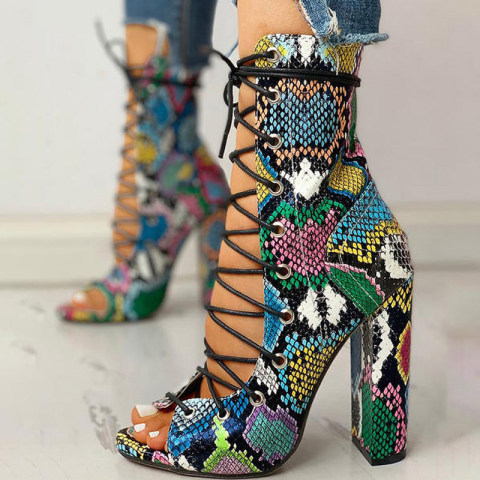 Womens Fashion Cross Lace Snake Block Heel Sandals
