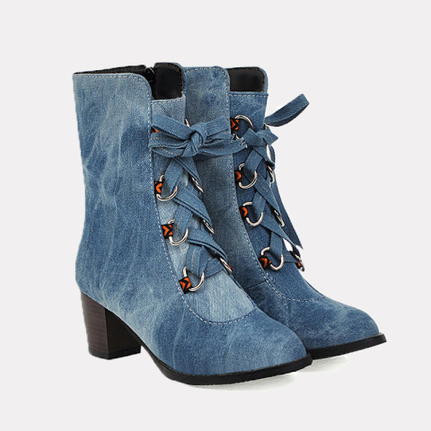 Denim womens boots with chunky heels