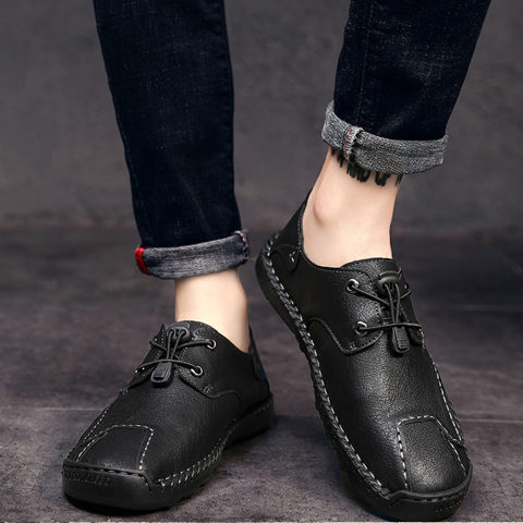 Mens Hand Stitching Leather Non slip Casual Shoes