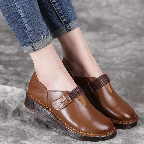 Womens soft sole casual shoes round head leather shoes