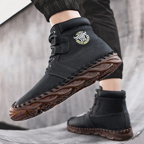 Mens Lace up All match Straight Low top Casual Leather Boot