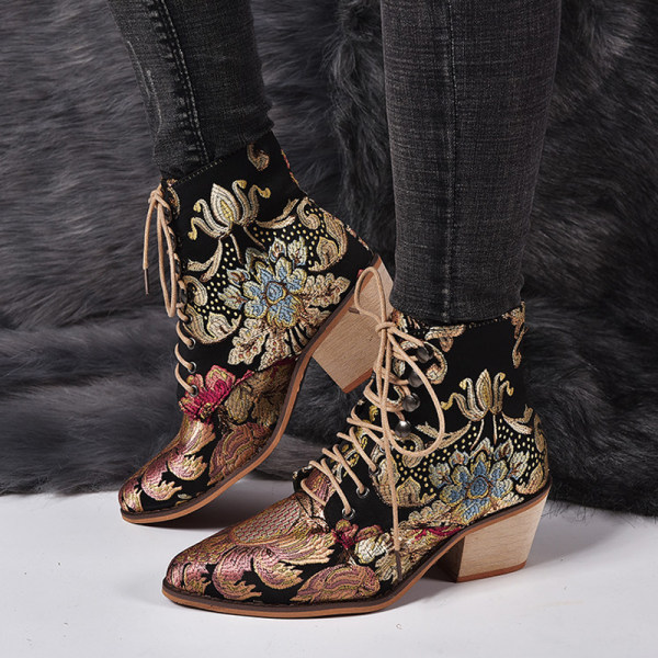 Women's Thick Heel Pointed Toe Embroidery Boots