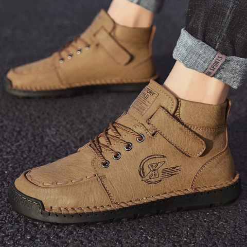 Mens Casual Leather Retro Style Lace up Mid cut Boots