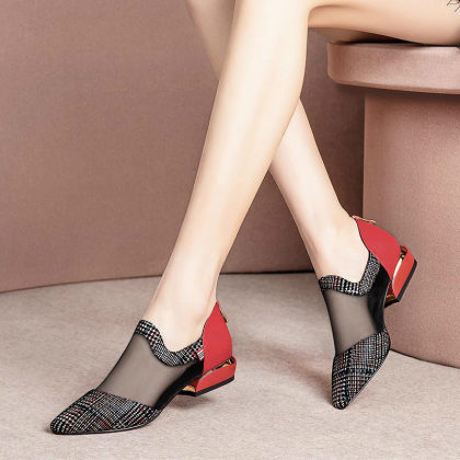 Block-Heel Flat Mesh Toe Cap Shoes