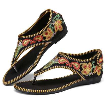 Womens Ethnic Style Embroidered Flip-flops