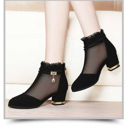 Womens Mesh Pearl Chunky Heel Ankle Boots