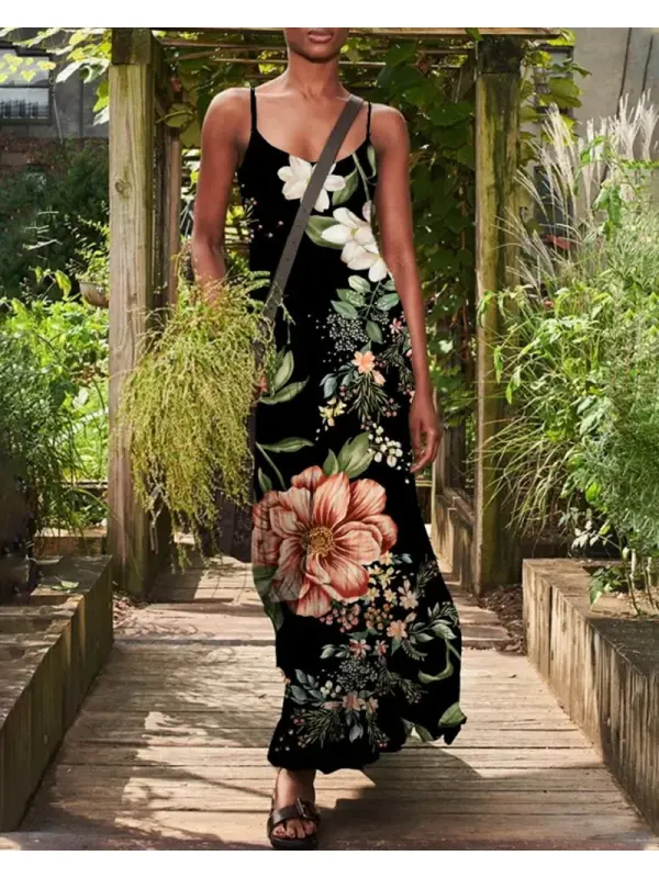 Casual Floral Print Sleeveless Crew Neck Maxi Dress - Realyiyi.com 