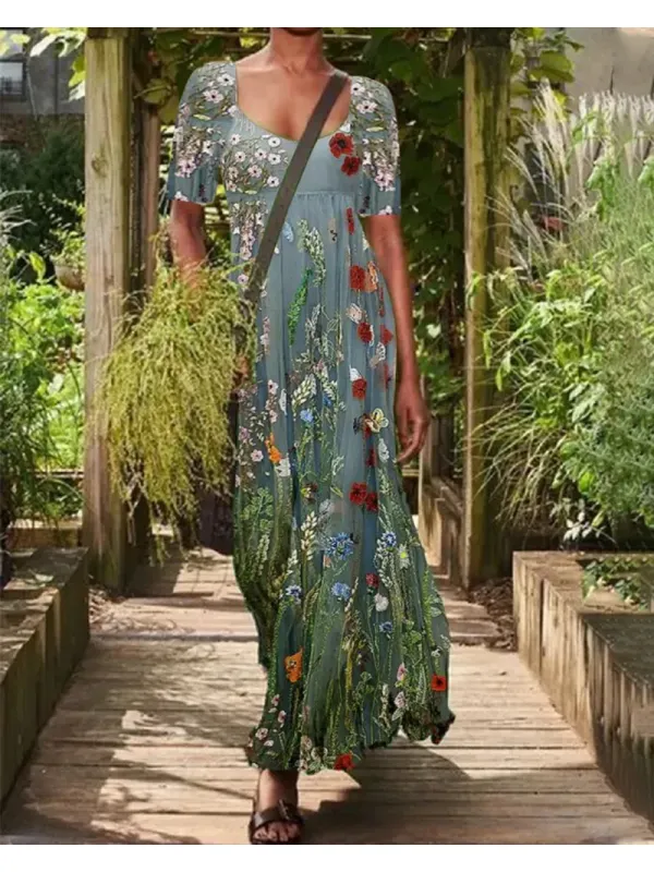 Casual Vintage Floral Print U Neck Short Sleeves Maxi Dress - Machoup.com 