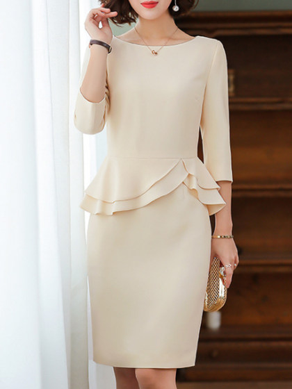 Round Neck  Flounce  Plain Bodycon Dress