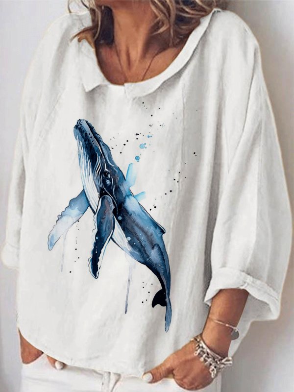 

Big Fish Print Long Sleeve Lapel Loose Shirt