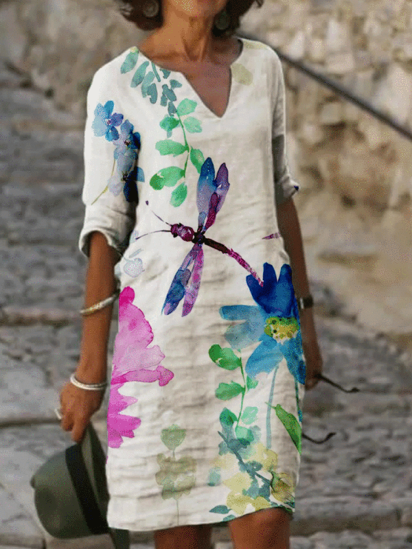Floral Print V-neck Short-sleeved Casual Dress - Funluc.com 