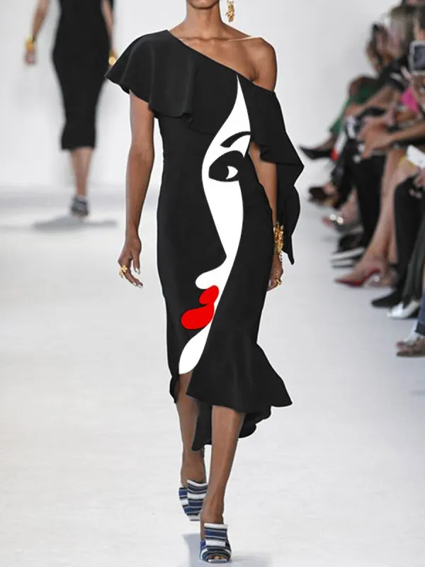 Fashion Art Print Off-shoulder Maxi Dress - Funluc.com 
