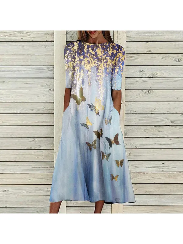 Fashion round neck short sleeve butterfly print dress - Machoup.com 