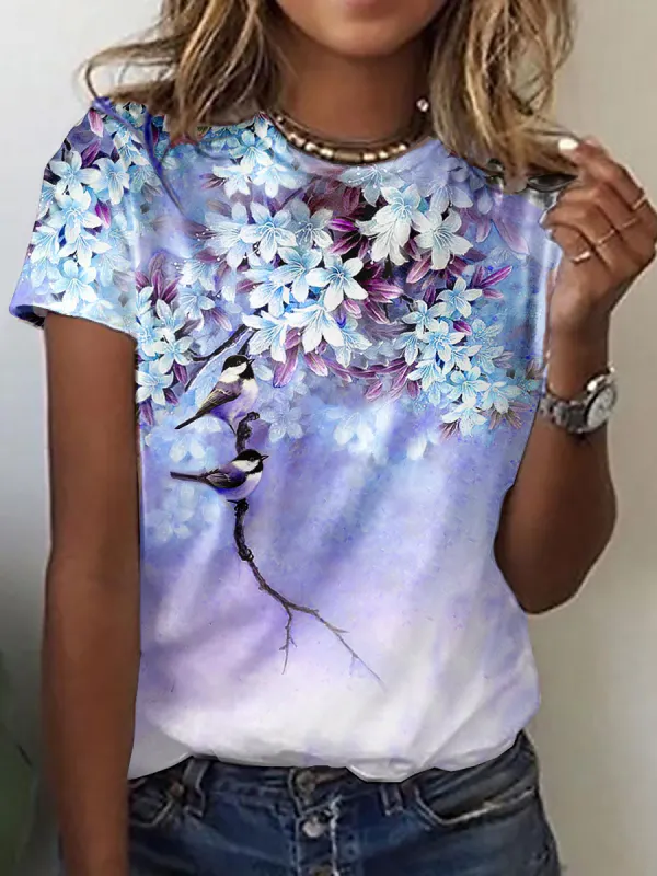 Round Neck Casual Oriental Cher Print Short-Sleeved T-Shirt - Anystylish.com 
