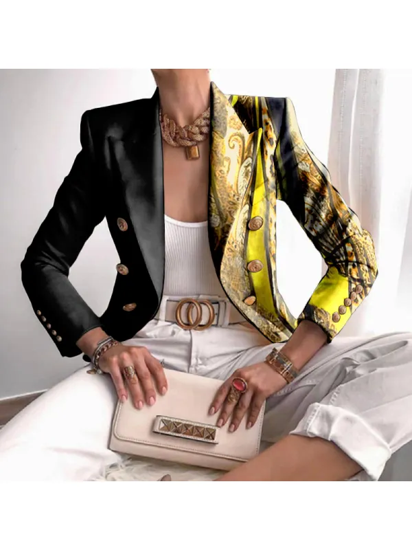 Ladies Fashionable Stitching Chain Abstract Printed Blazer - Machoup.com 