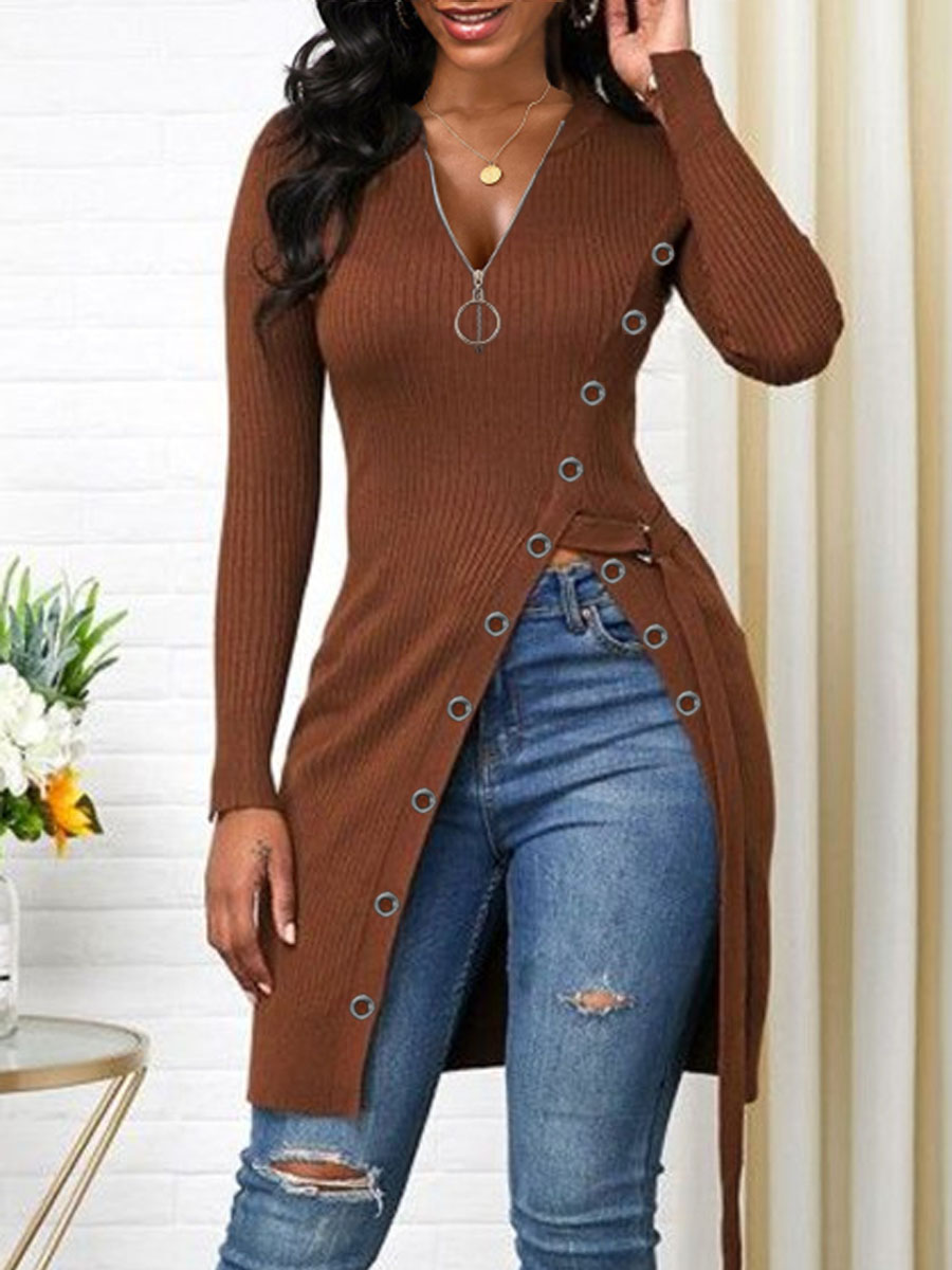 V neck Long sleeved Solid Color T shirt